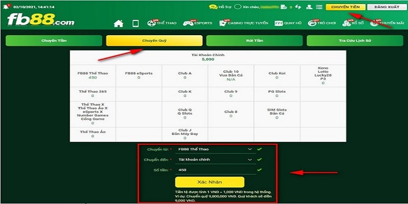 Thực hiện chuyển quỹ trước khi rút tiền FB88